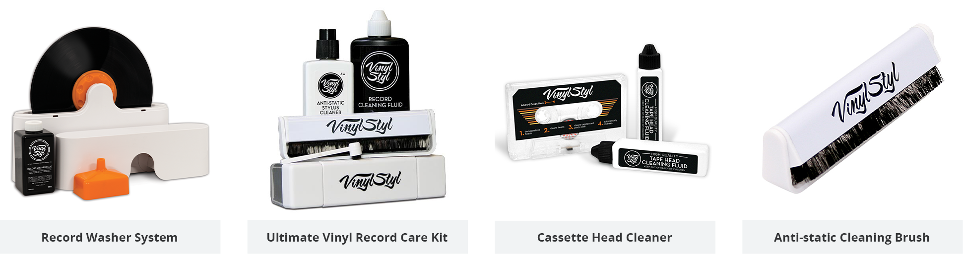 Product Collage: Record Washer, Record Care Kit, Inner Sleeves, Cleaning Brush